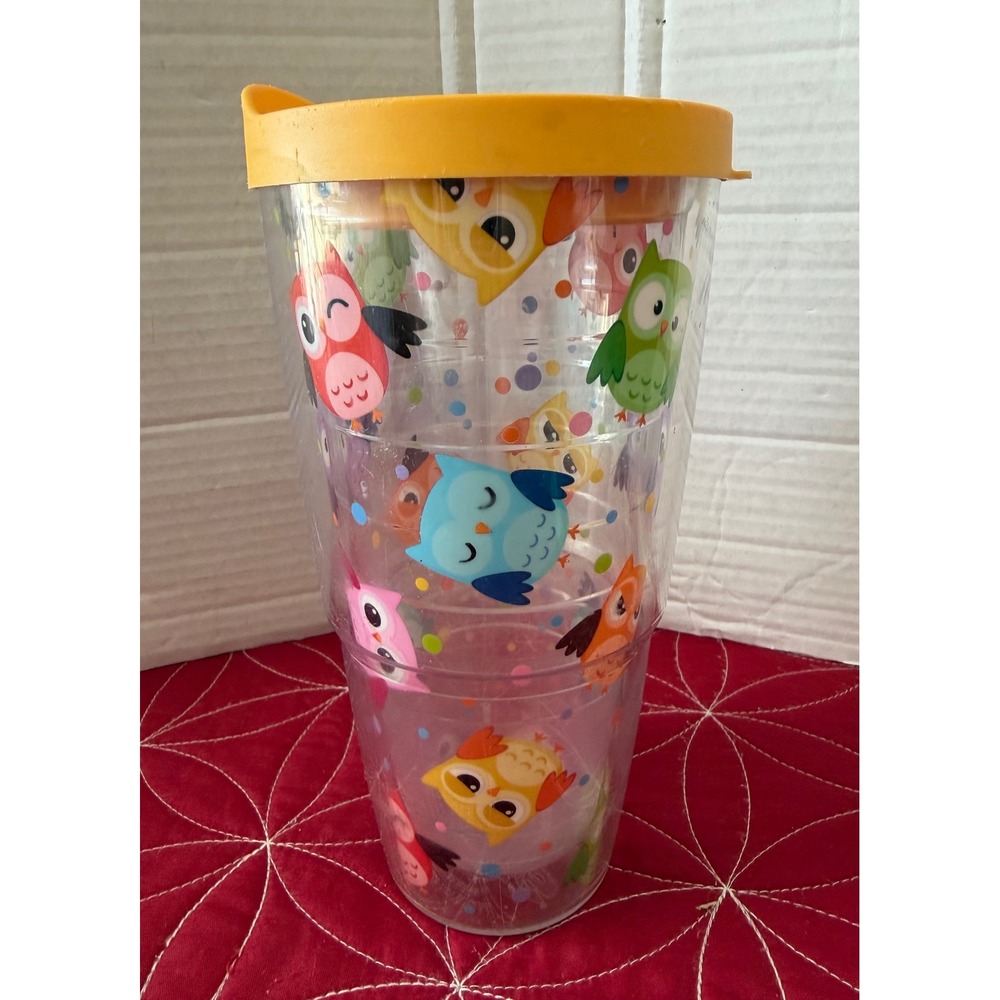 Tervis 24oz Insulated Tumbler Colorful Cartoon‎ Owls Polka Dots Yellow Lid